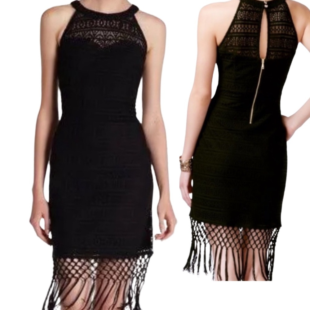 GUESS HOMECOMING DRESS COCKTAIL MIDI Black Sleeveless Crochet Lace Fringe SZ 10